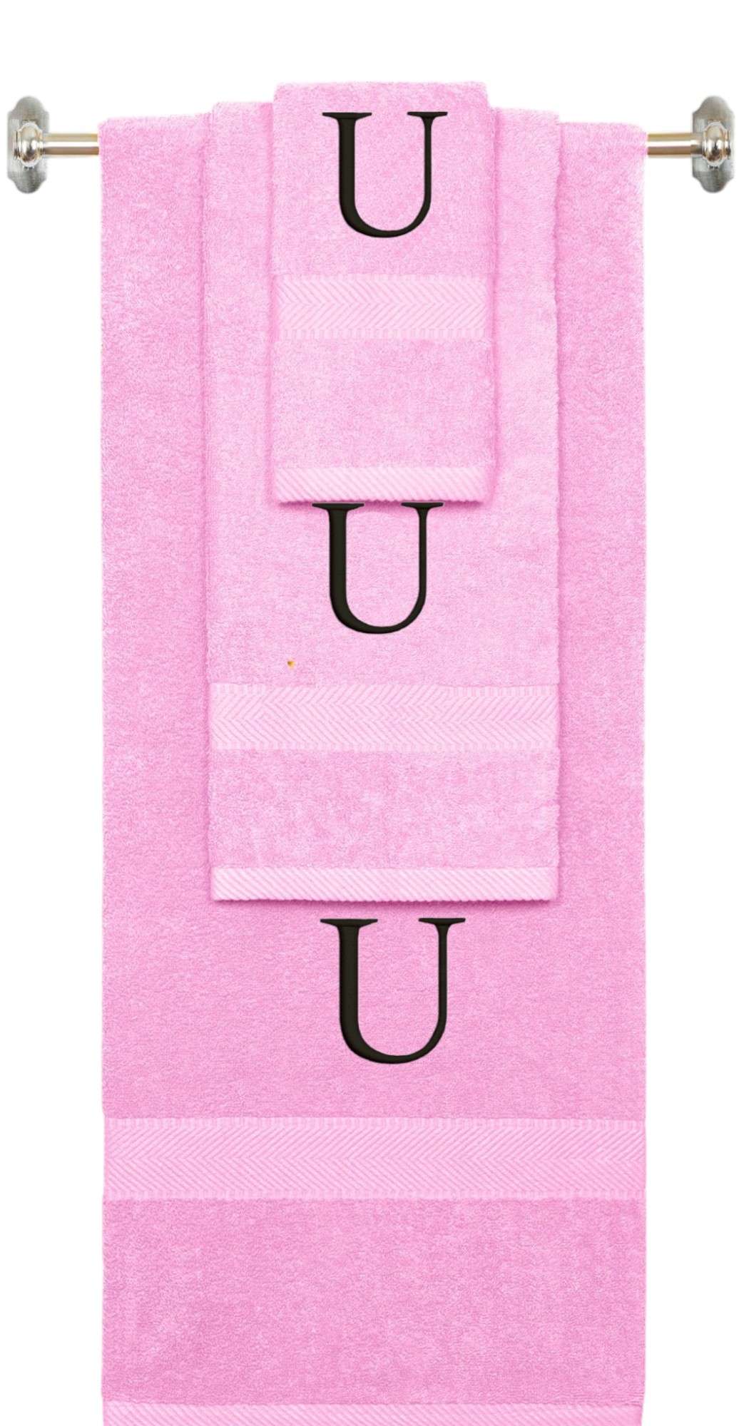 Pink monogrammed towel set with Black thread, Times New Roman font, initial U - 540 GSM cotton 3-piece