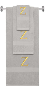 Silver monogrammed towel set with Gold thread, Times New Roman font, initial Z - 540 GSM cotton 3-piece