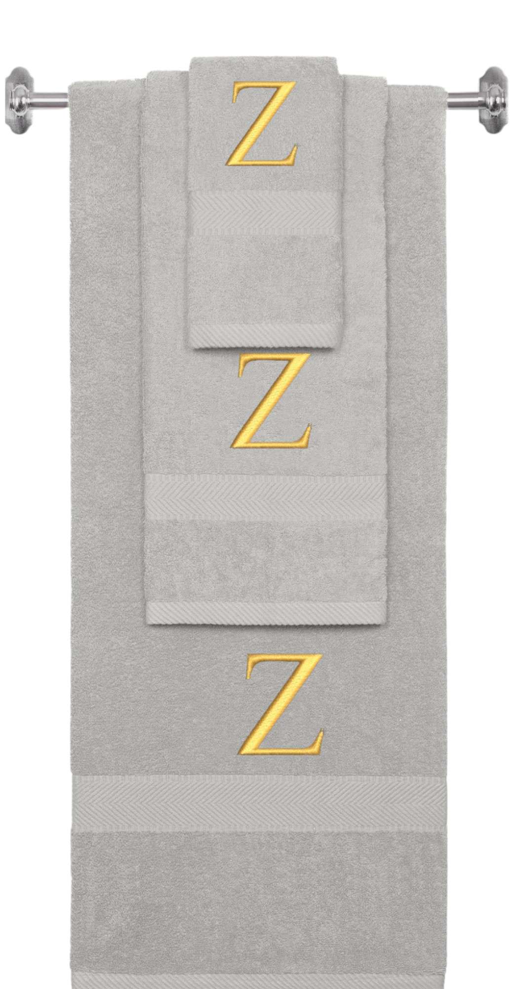 Silver monogrammed towel set with Gold thread, Times New Roman font, initial Z - 540 GSM cotton 3-piece