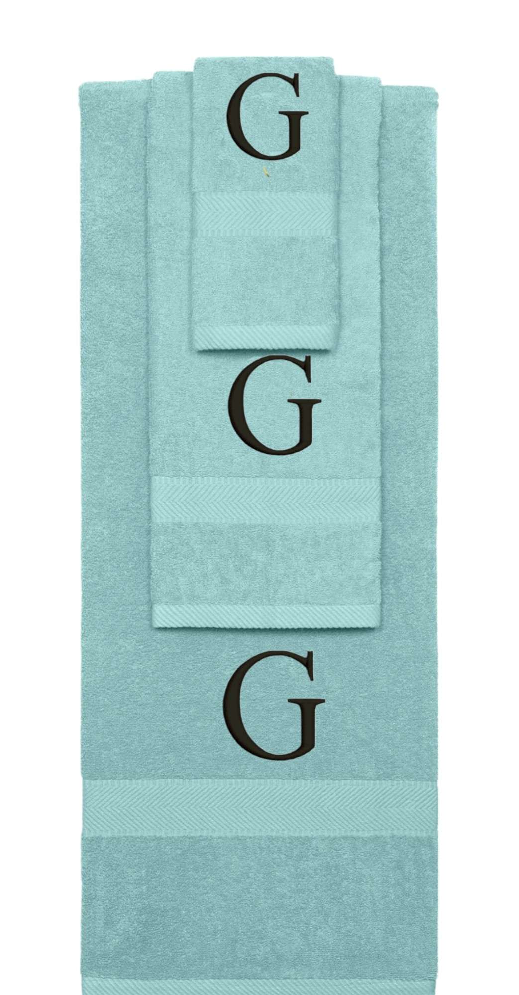 Nautical Teal monogrammed towel set with Black thread, Times New Roman font, initial G - 540 GSM cotton 3-piece