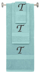 Nautical Teal monogrammed towel set with Black thread, Chancery font, initial T - 540 GSM cotton 3-piece