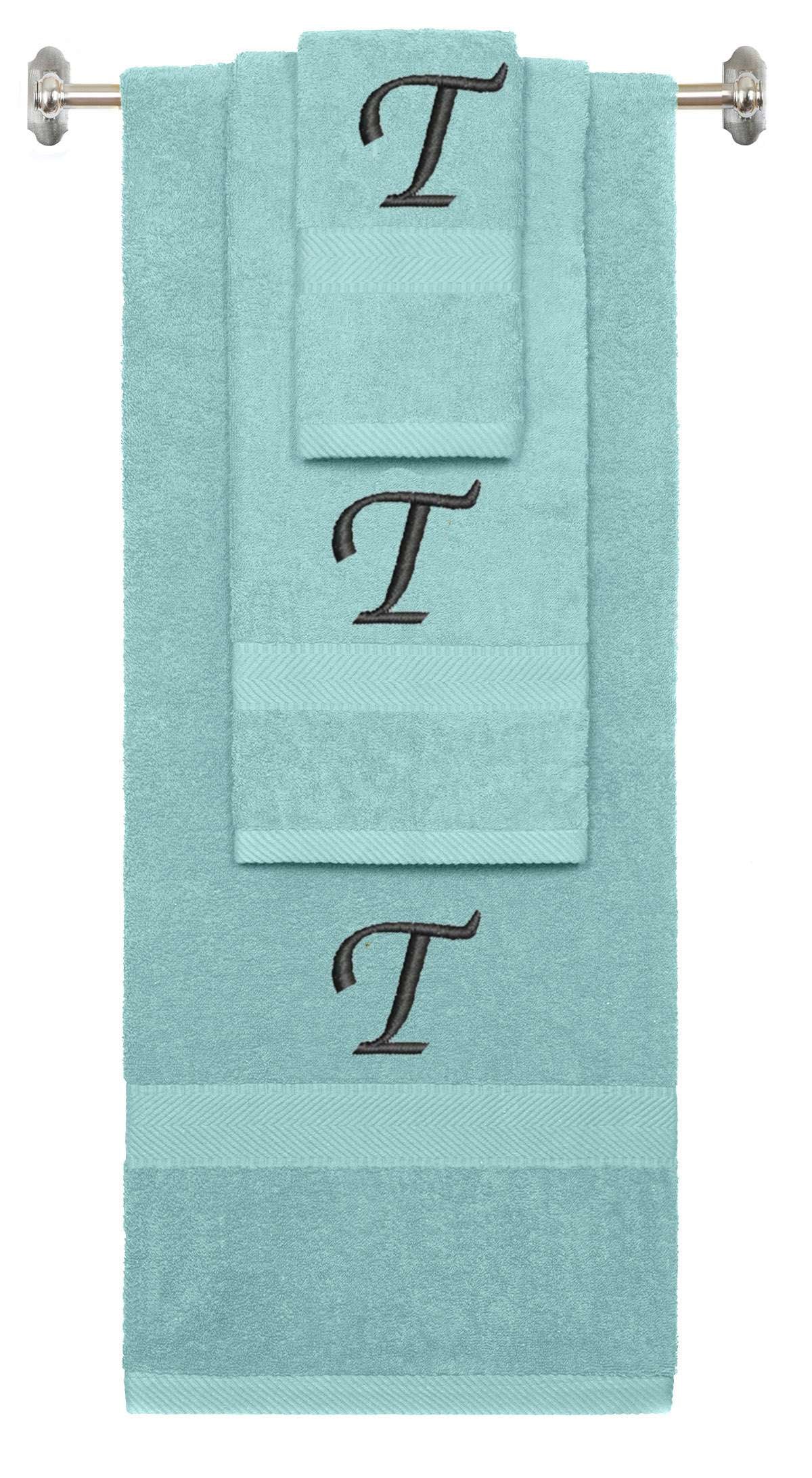 Nautical Teal monogrammed towel set with Black thread, Chancery font, initial T - 540 GSM cotton 3-piece
