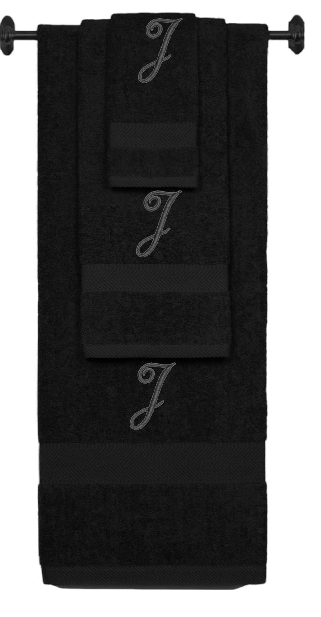 Black monogrammed towel set with Black thread, Diana Script font, initial J - 540 GSM cotton 3-piece
