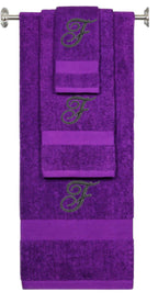 Purple monogrammed towel set with Black thread, Diana Script font, initial G - 540 GSM cotton 3-piece