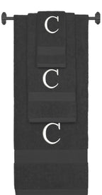 Charcoal monogrammed towel set with White thread, Times New Roman font, initial C - 540 GSM cotton 3-piece