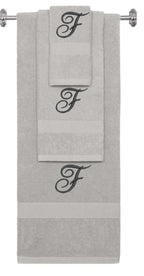 Silver monogrammed towel set with Black thread, Diana Script font, initial F - 540 GSM cotton 3-piece