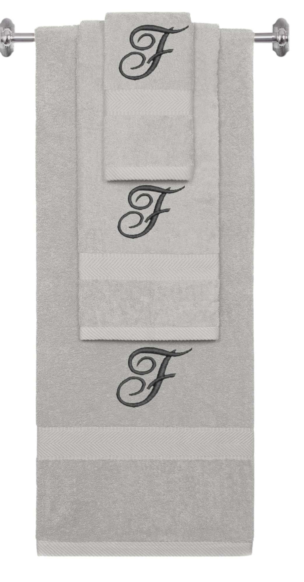 Silver monogrammed towel set with Black thread, Diana Script font, initial F - 540 GSM cotton 3-piece