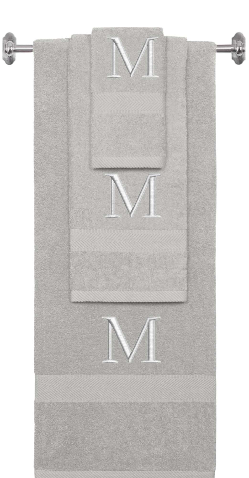 Silver monogrammed towel set with Silver thread, Times New Roman font, initial M - 540 GSM cotton 3-piece
