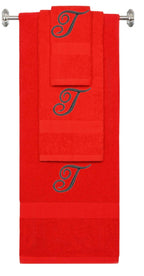 Red monogrammed towel set with Black thread, Diana Script font, initial T - 540 GSM cotton 3-piece