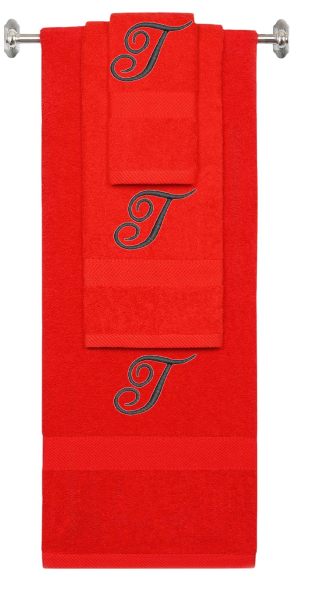 Red monogrammed towel set with Black thread, Diana Script font, initial T - 540 GSM cotton 3-piece
