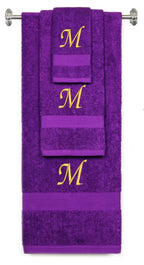Purple monogrammed towel set with Gold thread, Chancery font, initial M - 540 GSM cotton 3-piece