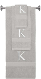 Silver monogrammed towel set with Silver thread, Times New Roman font, initial K - 540 GSM cotton 3-piece