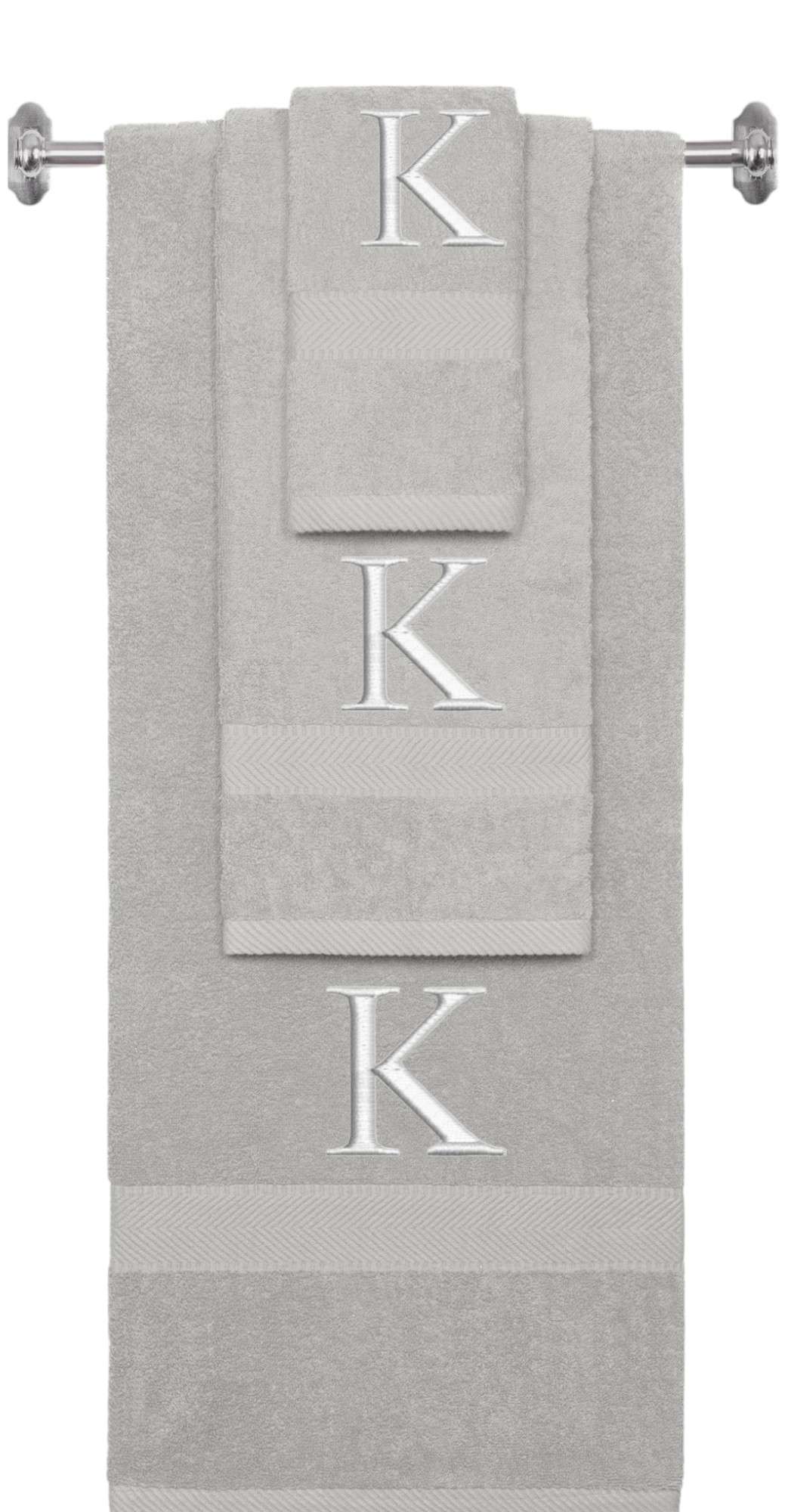Silver monogrammed towel set with Silver thread, Times New Roman font, initial K - 540 GSM cotton 3-piece