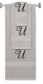 Silver monogrammed towel set with Black thread, Diana Script font, initial U - 540 GSM cotton 3-piece