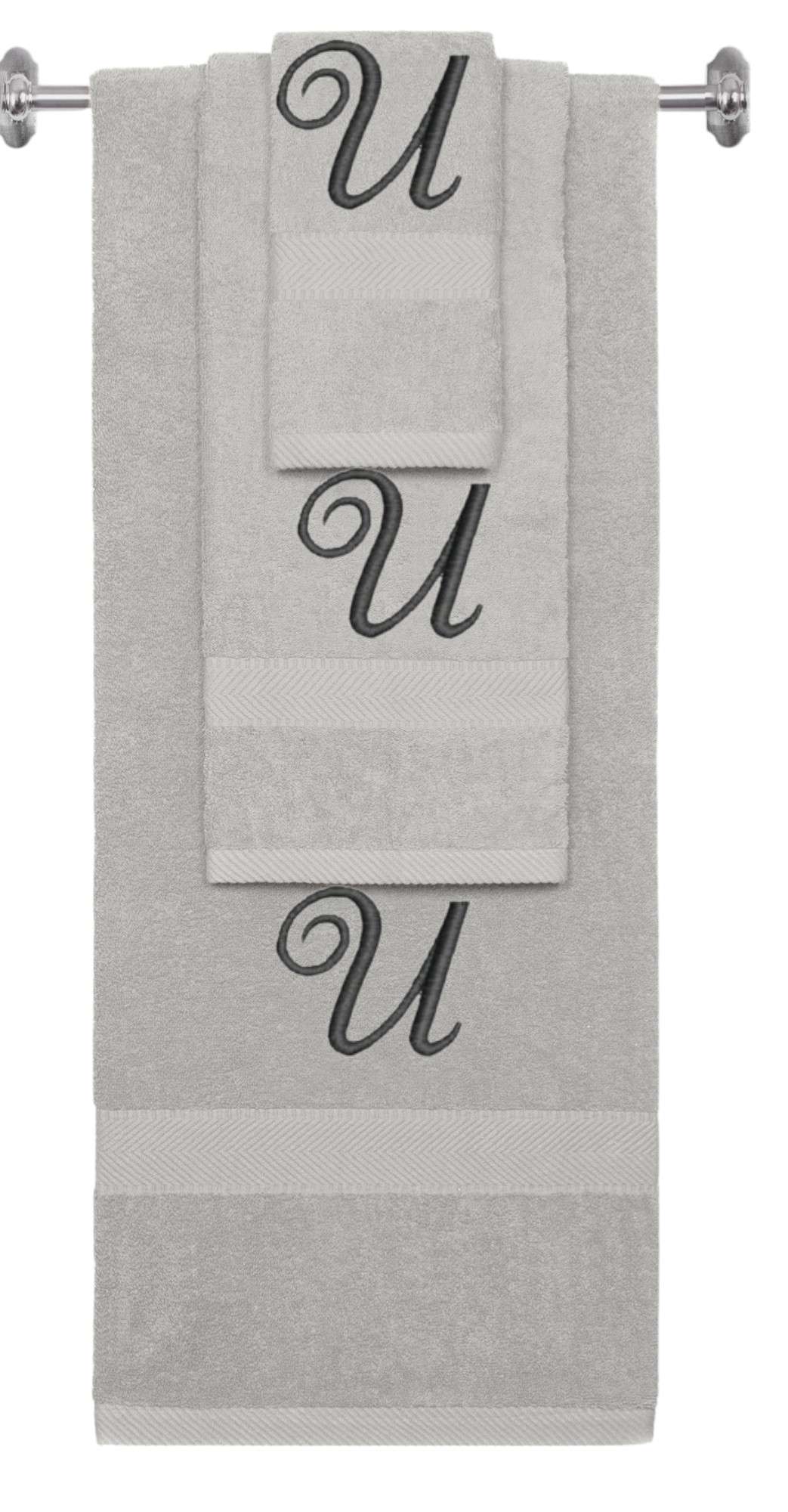 Silver monogrammed towel set with Black thread, Diana Script font, initial U - 540 GSM cotton 3-piece