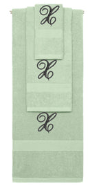 Mint Green monogrammed towel set with Black thread, Diana Script font, initial X - 540 GSM cotton 3-piece