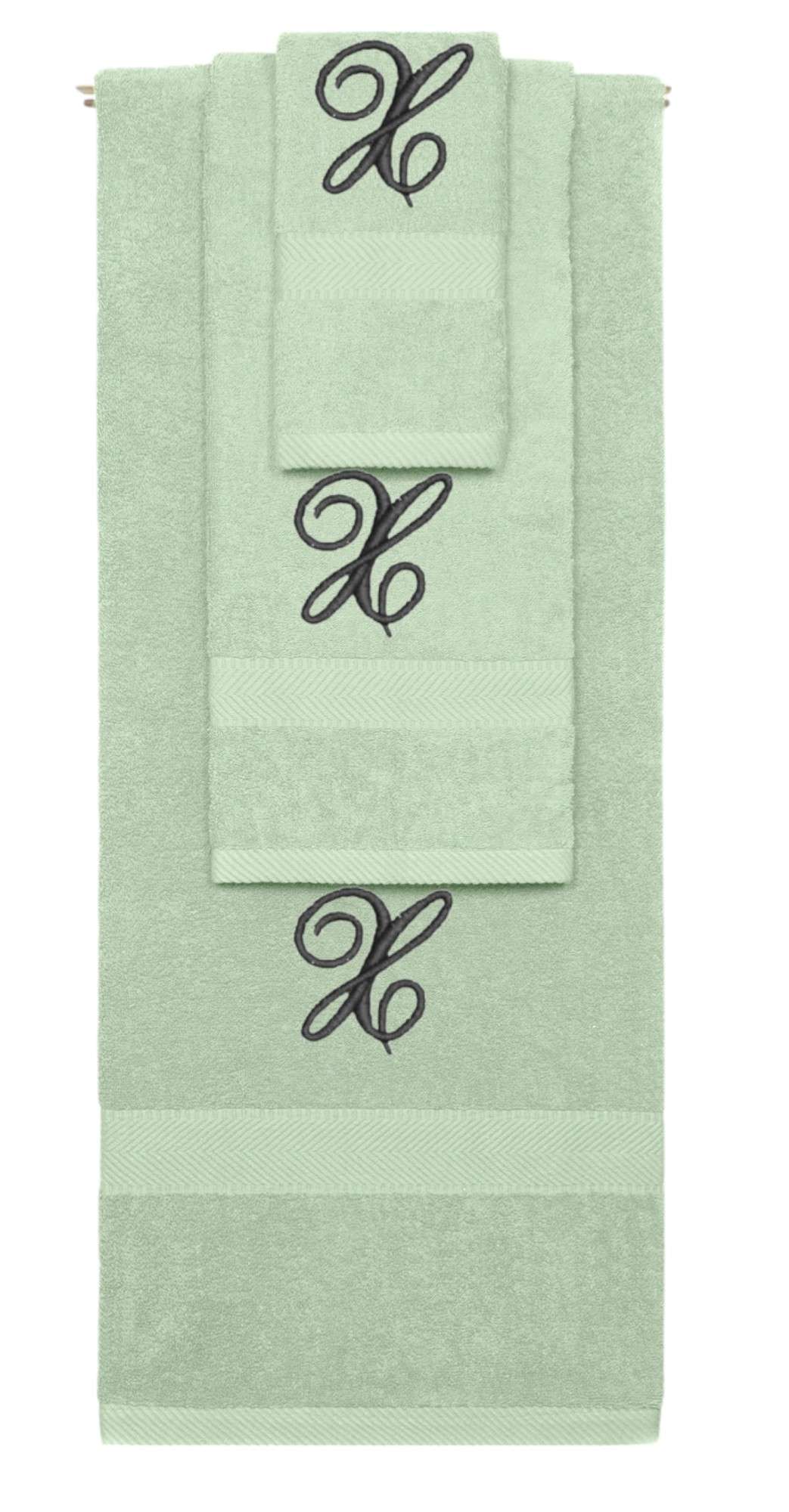 Mint Green monogrammed towel set with Black thread, Diana Script font, initial X - 540 GSM cotton 3-piece