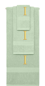 Mint Green monogrammed towel set with Gold thread, Times New Roman font, initial I - 540 GSM cotton 3-piece