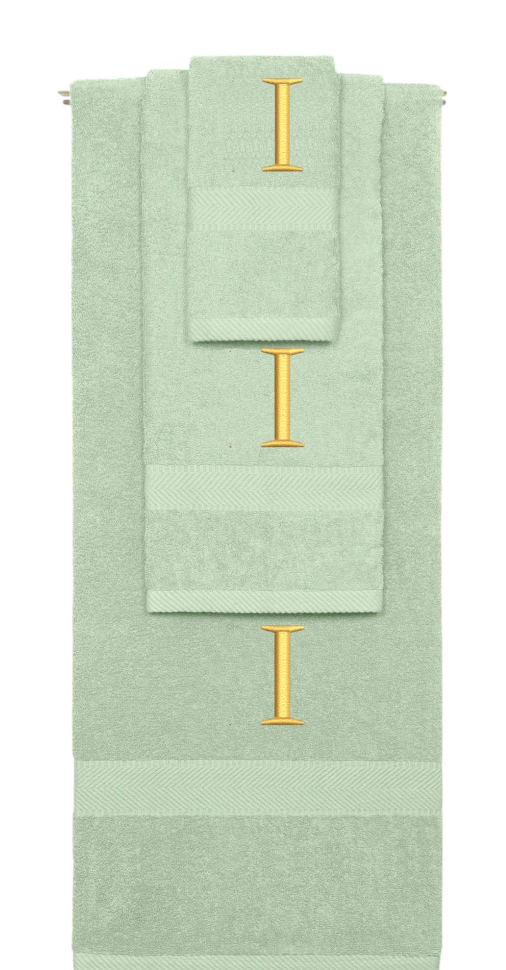 Mint Green monogrammed towel set with Gold thread, Times New Roman font, initial I - 540 GSM cotton 3-piece