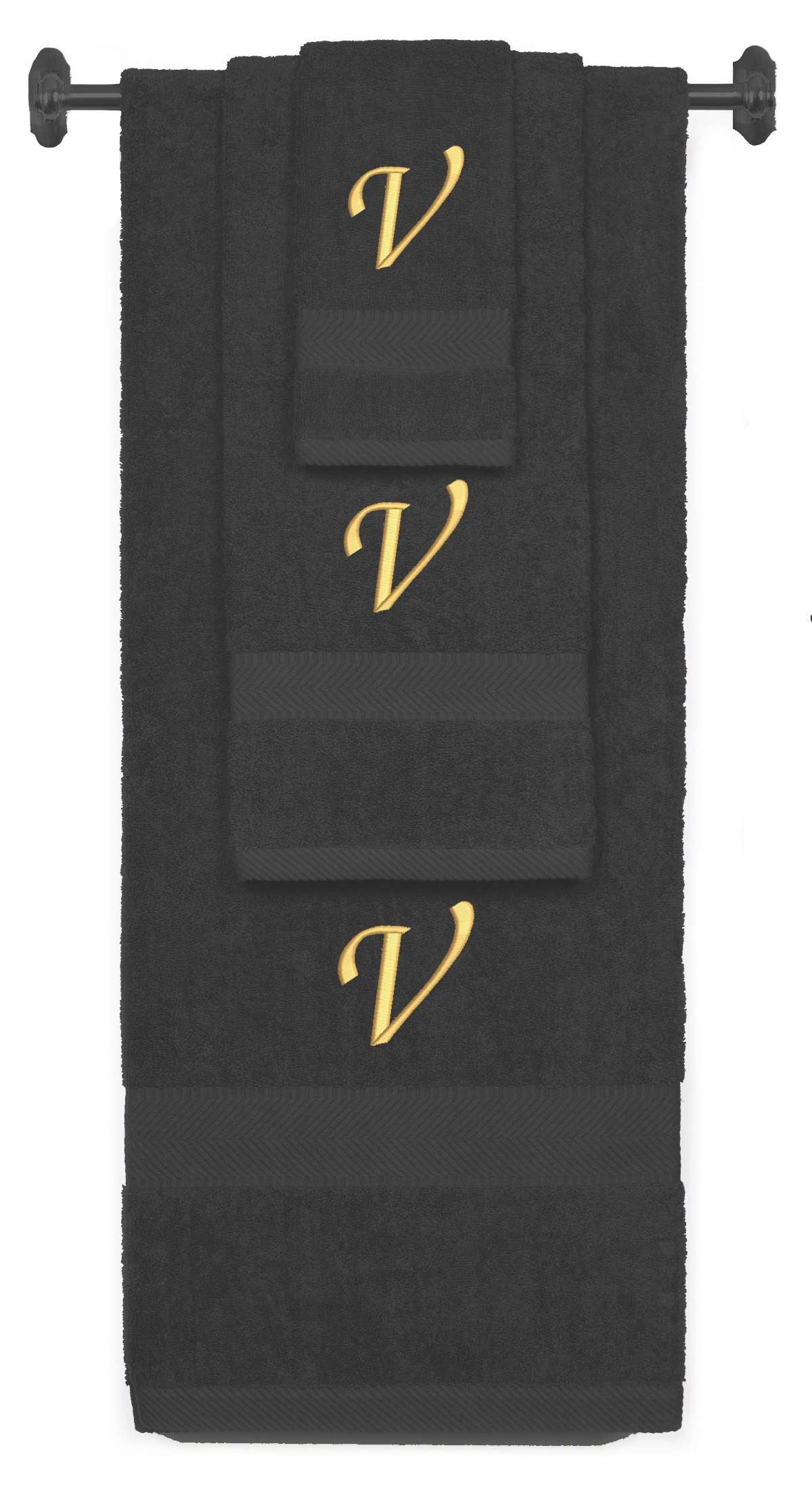 Charcoal monogrammed towel set with Gold thread, Chancery font, initial V - 540 GSM cotton 3-piece