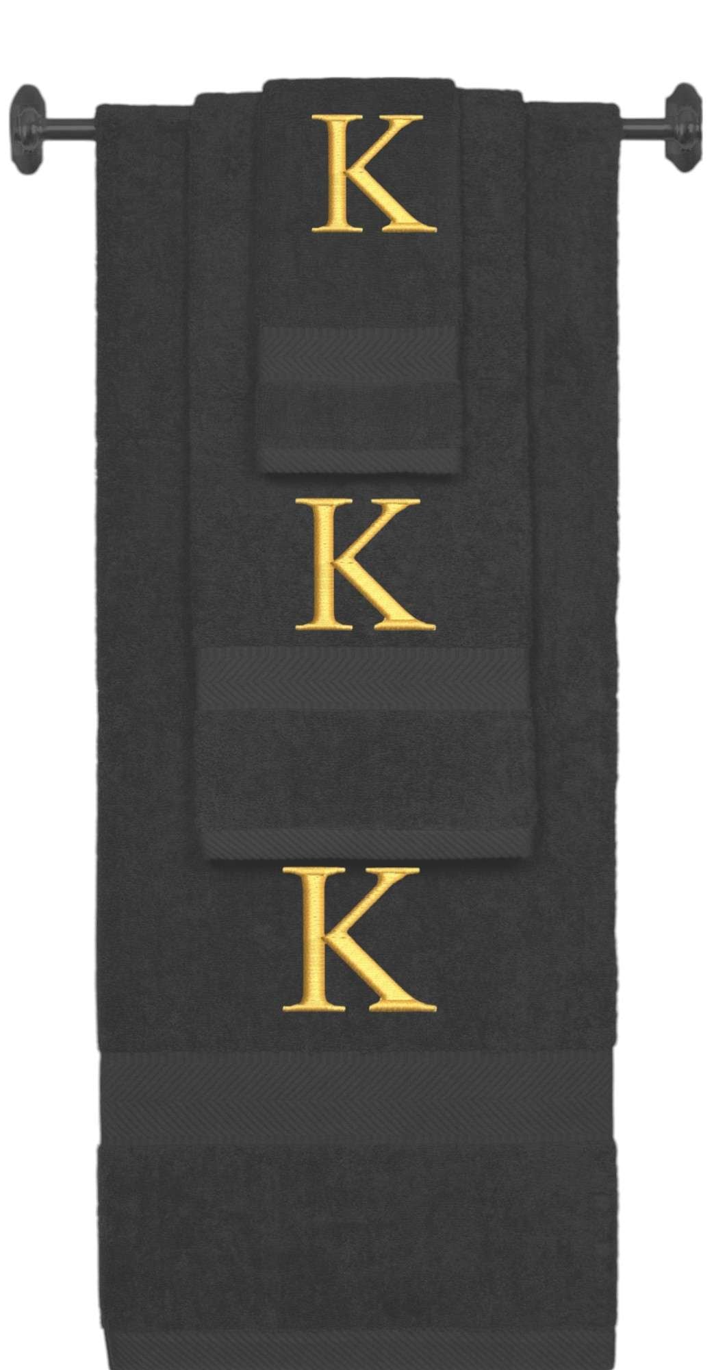 Charcoal monogrammed towel set with Gold thread, Times New Roman font, initial K - 540 GSM cotton 3-piece