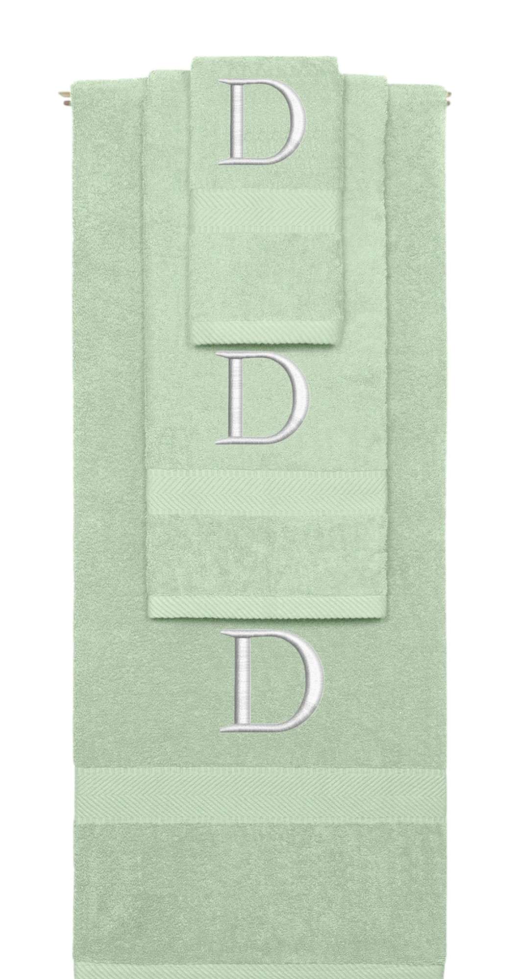 Mint Green monogrammed towel set with Silver thread, Times New Roman font, initial D - 540 GSM cotton 3-piece