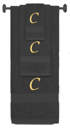 Charcoal monogrammed towel set with Gold thread, Chancery font, initial C - 540 GSM cotton 3-piece