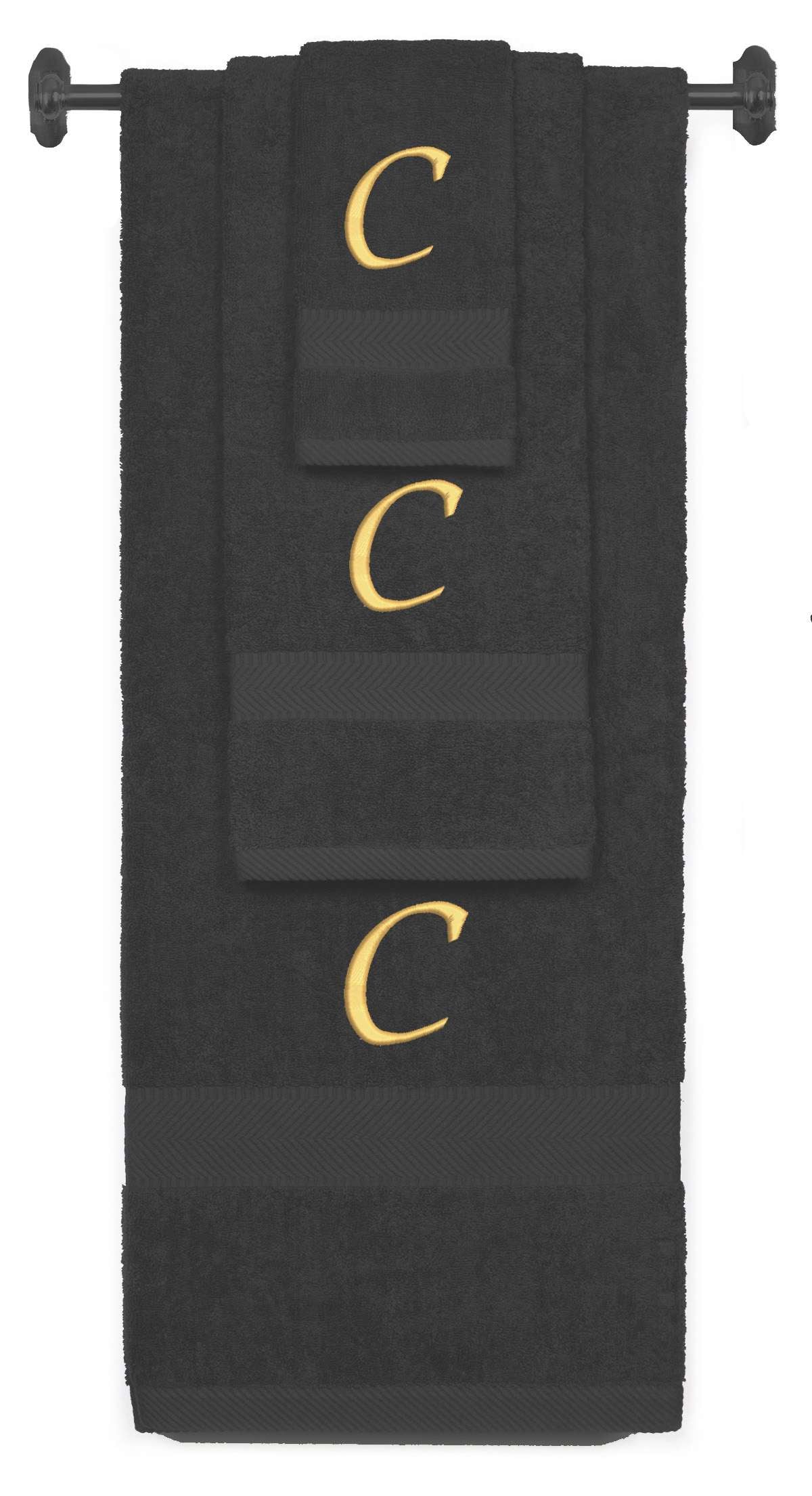 Charcoal monogrammed towel set with Gold thread, Chancery font, initial C - 540 GSM cotton 3-piece