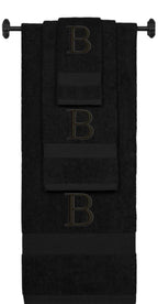 Black monogrammed towel set with Black thread, Times New Roman font, initial B - 540 GSM cotton 3-piece