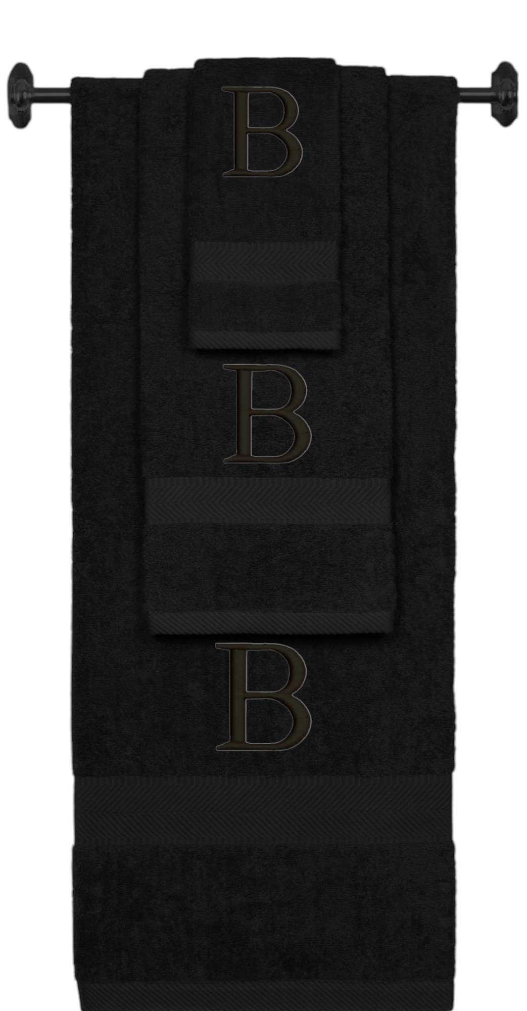 Black monogrammed towel set with Black thread, Times New Roman font, initial B - 540 GSM cotton 3-piece
