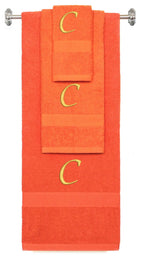 Orange monogrammed towel set with Gold thread, Chancery font, initial C - 540 GSM cotton 3-piece