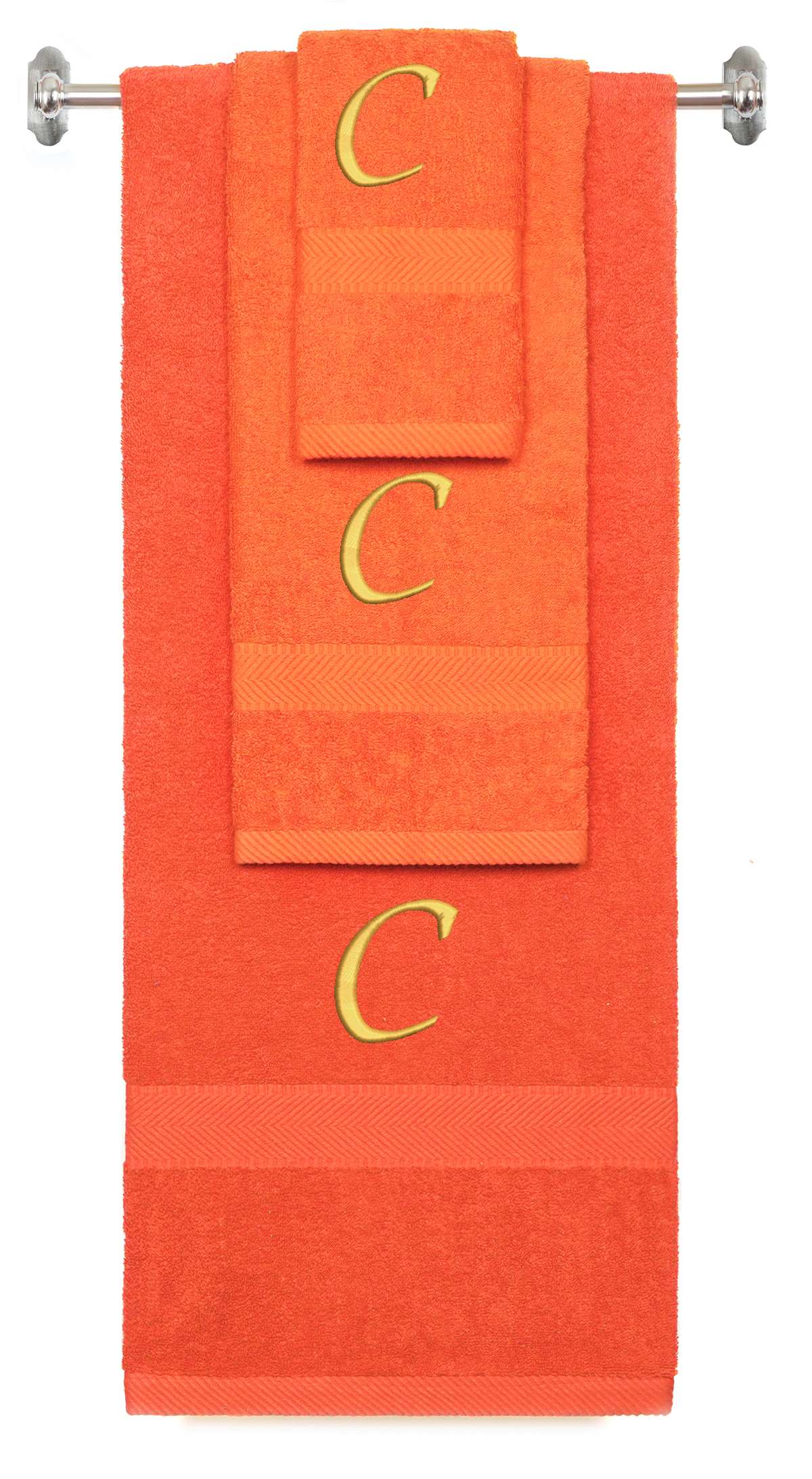 Orange monogrammed towel set with Gold thread, Chancery font, initial C - 540 GSM cotton 3-piece
