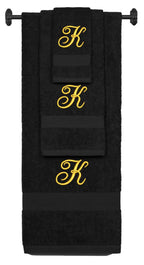 Black monogrammed towel set with Gold thread, Diana Script font, initial K - 540 GSM cotton 3-piece