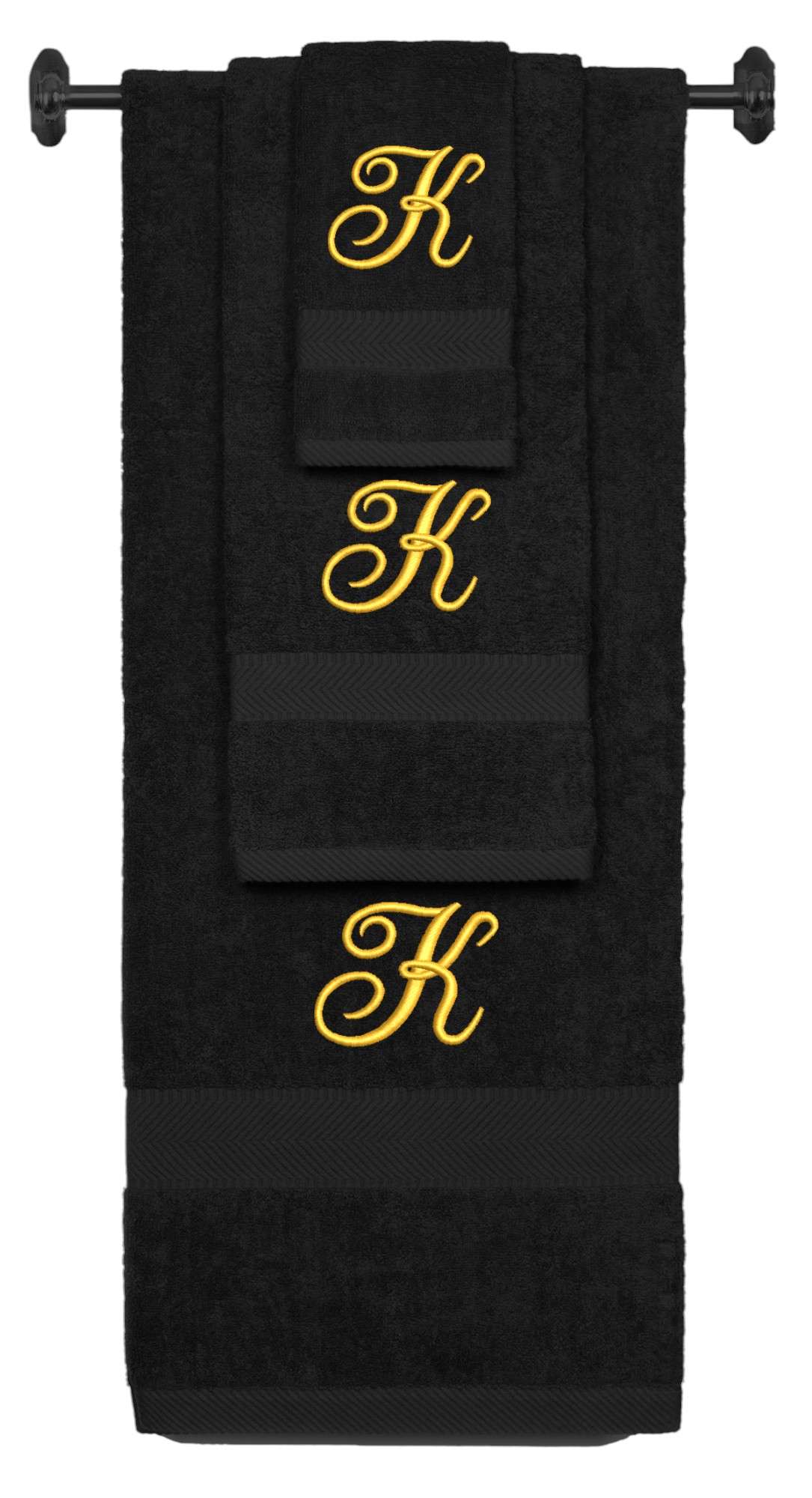 Black monogrammed towel set with Gold thread, Diana Script font, initial K - 540 GSM cotton 3-piece