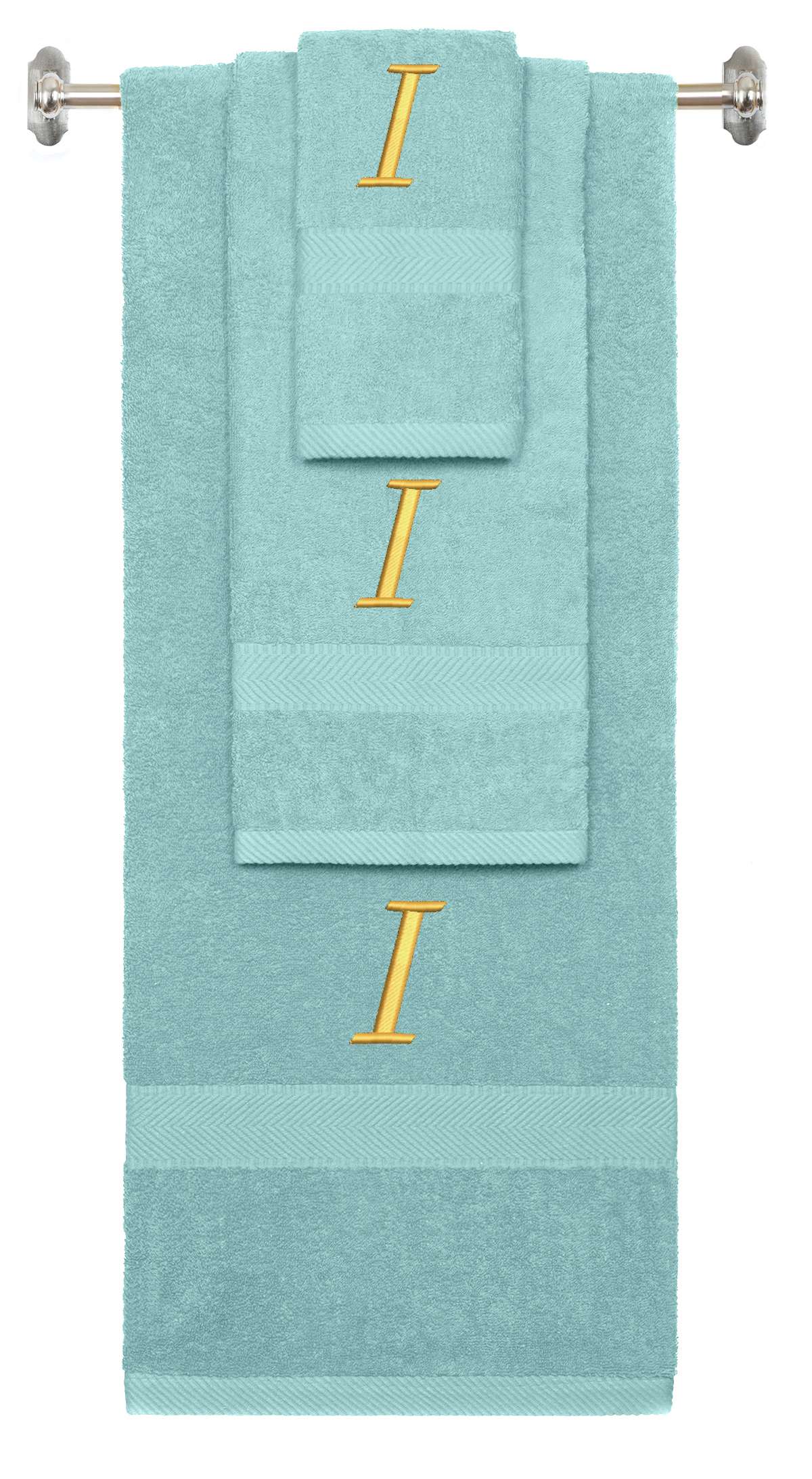 Nautical Teal monogrammed towel set with Gold thread, Chancery font, initial I - 540 GSM cotton 3-piece