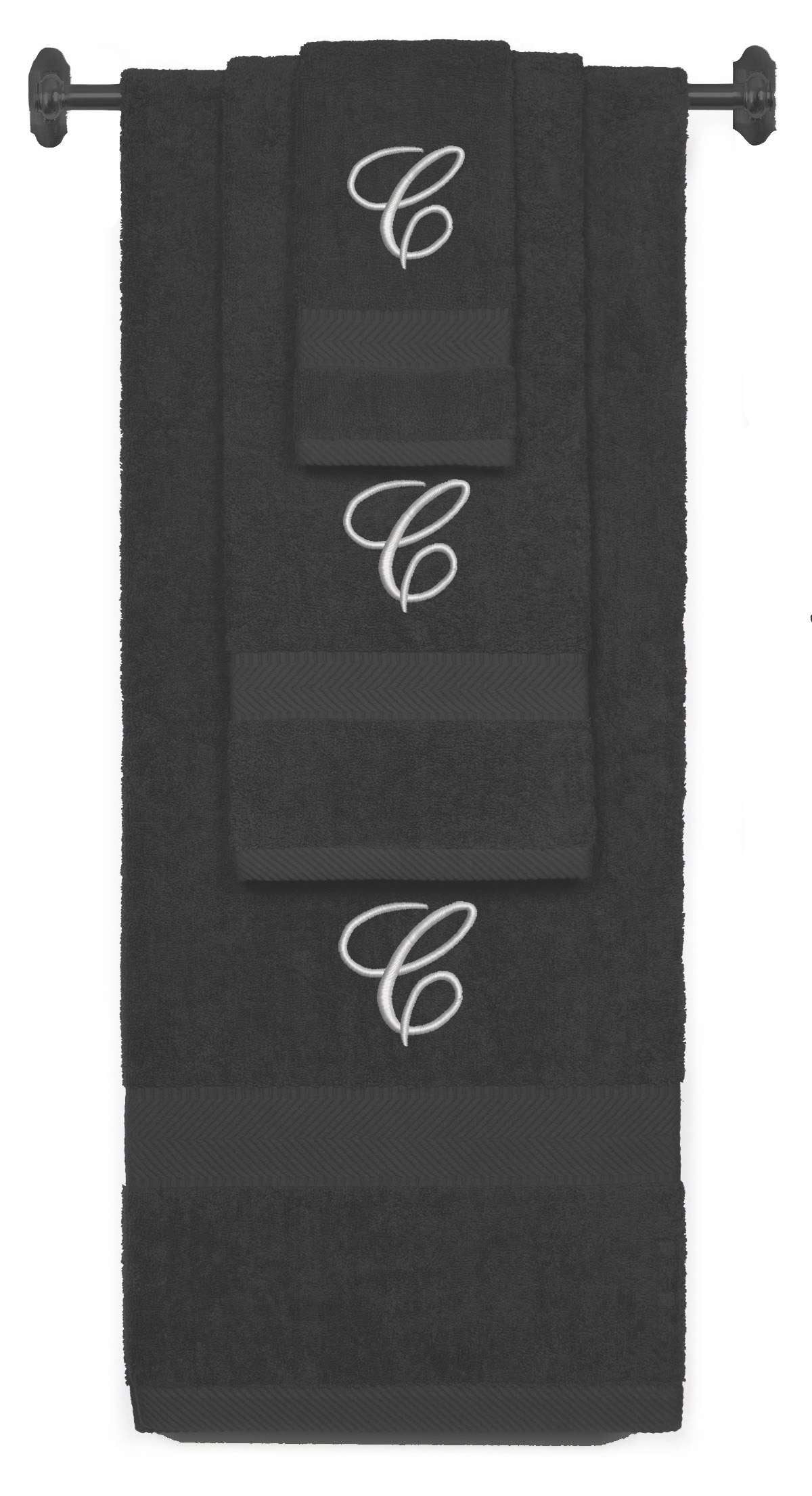 Charcoal monogrammed towel set with Silver thread, Diana Script font, initial C - 540 GSM cotton 3-piece