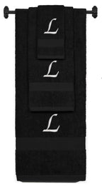 Black monogrammed towel set with Silver thread, Chancery font, initial L - 540 GSM cotton 3-piece