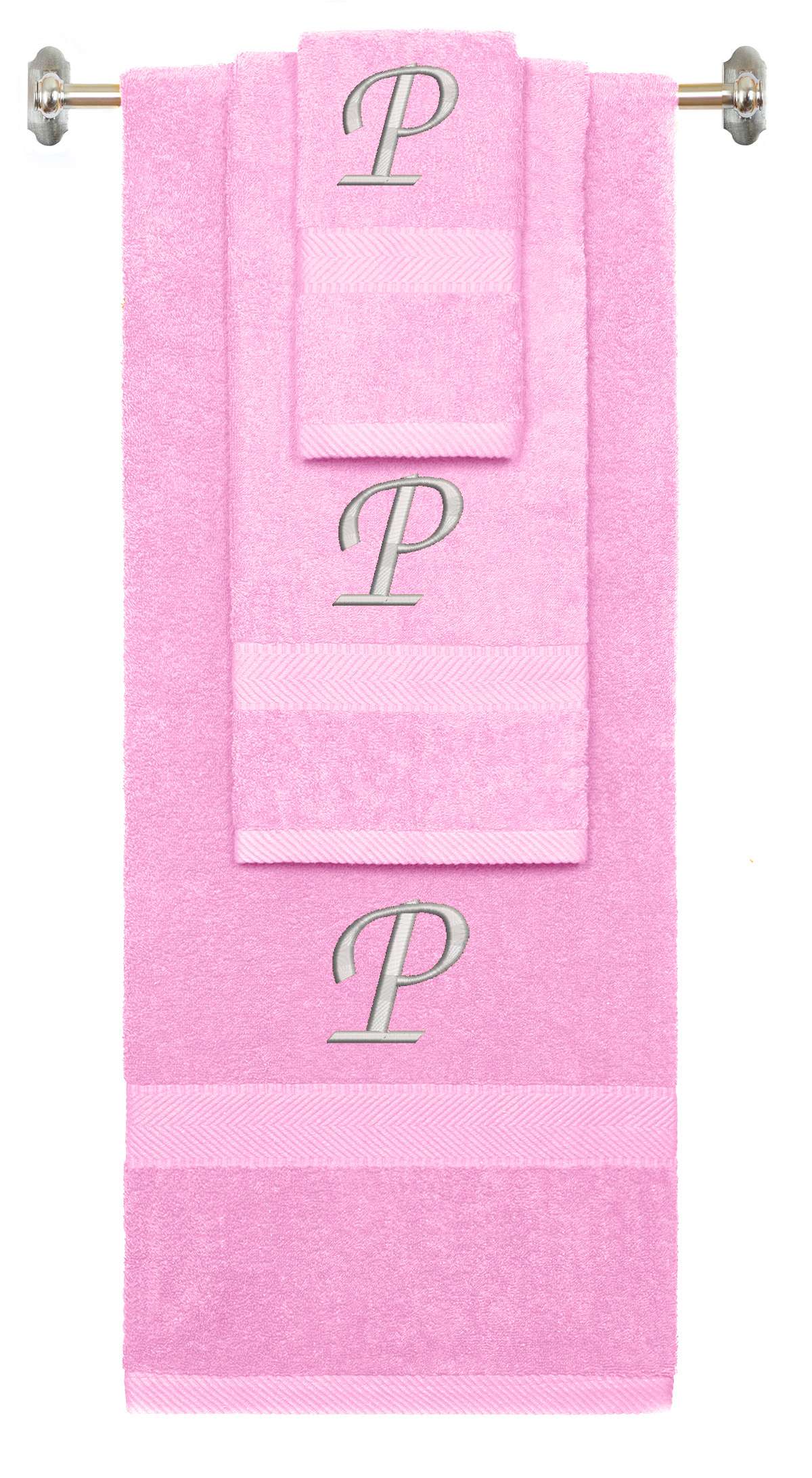 Pink monogrammed towel set with Silver thread, Chancery font, initial P - 540 GSM cotton 3-piece