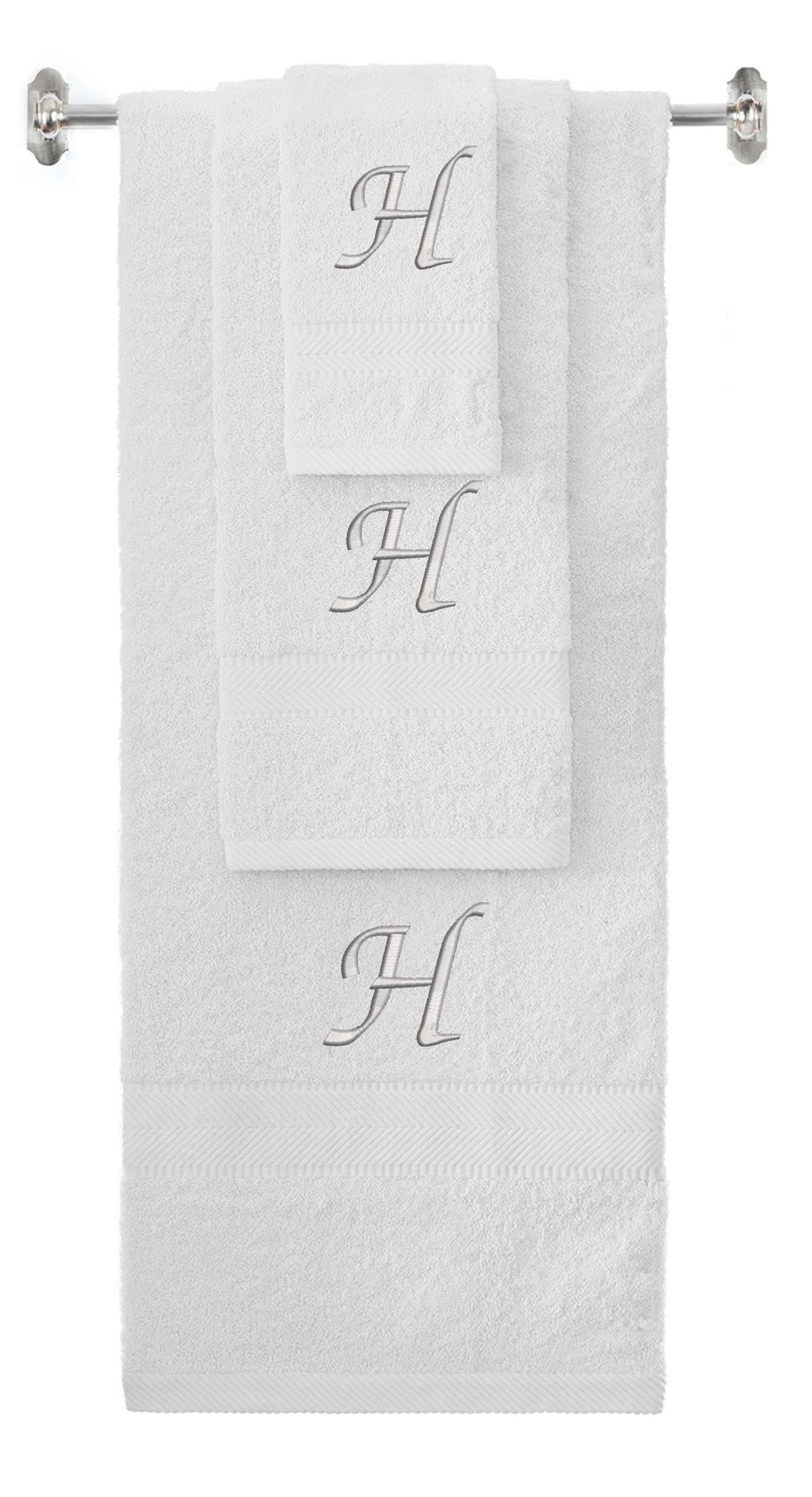 White monogrammed towel set with Silver thread, Chancery font, initial H - 540 GSM cotton 3-piece