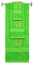 Lime monogrammed towel set with Gold thread, Chancery font, initial U - 540 GSM cotton 3-piece