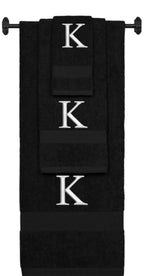 Black monogrammed towel set with Silver thread, Times New Roman font, initial K - 540 GSM cotton 3-piece