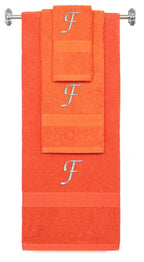 Orange monogrammed towel set with Silver thread, Chancery font, initial F - 540 GSM cotton 3-piece