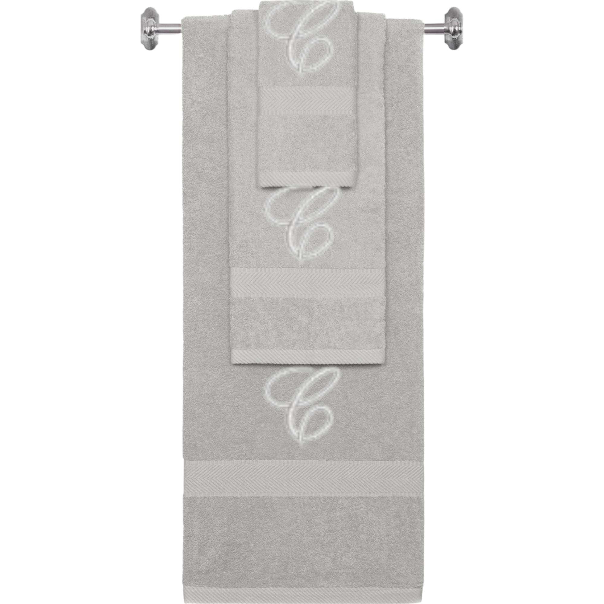 Silver monogrammed towel set with Silver thread, Diana Script font, initial C - 540 GSM cotton 3-piece