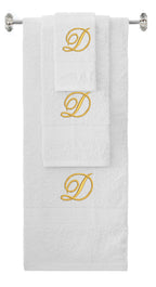 White monogrammed towel set with Gold thread, Diana Script font, initial D - 540 GSM cotton 3-piece