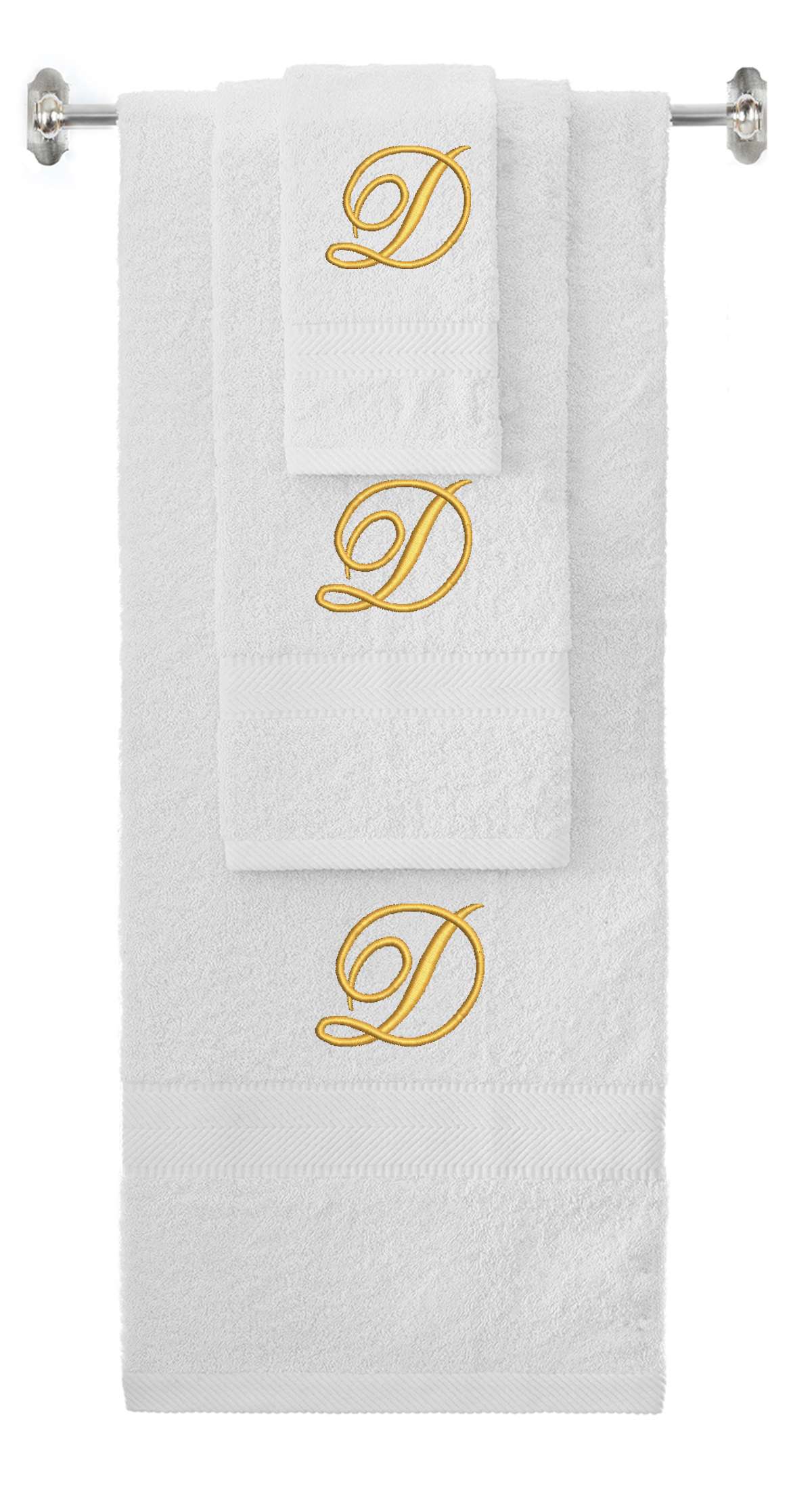White monogrammed towel set with Gold thread, Diana Script font, initial D - 540 GSM cotton 3-piece