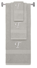 Silver monogrammed towel set with White thread, Chancery font, initial T - 540 GSM cotton 3-piece
