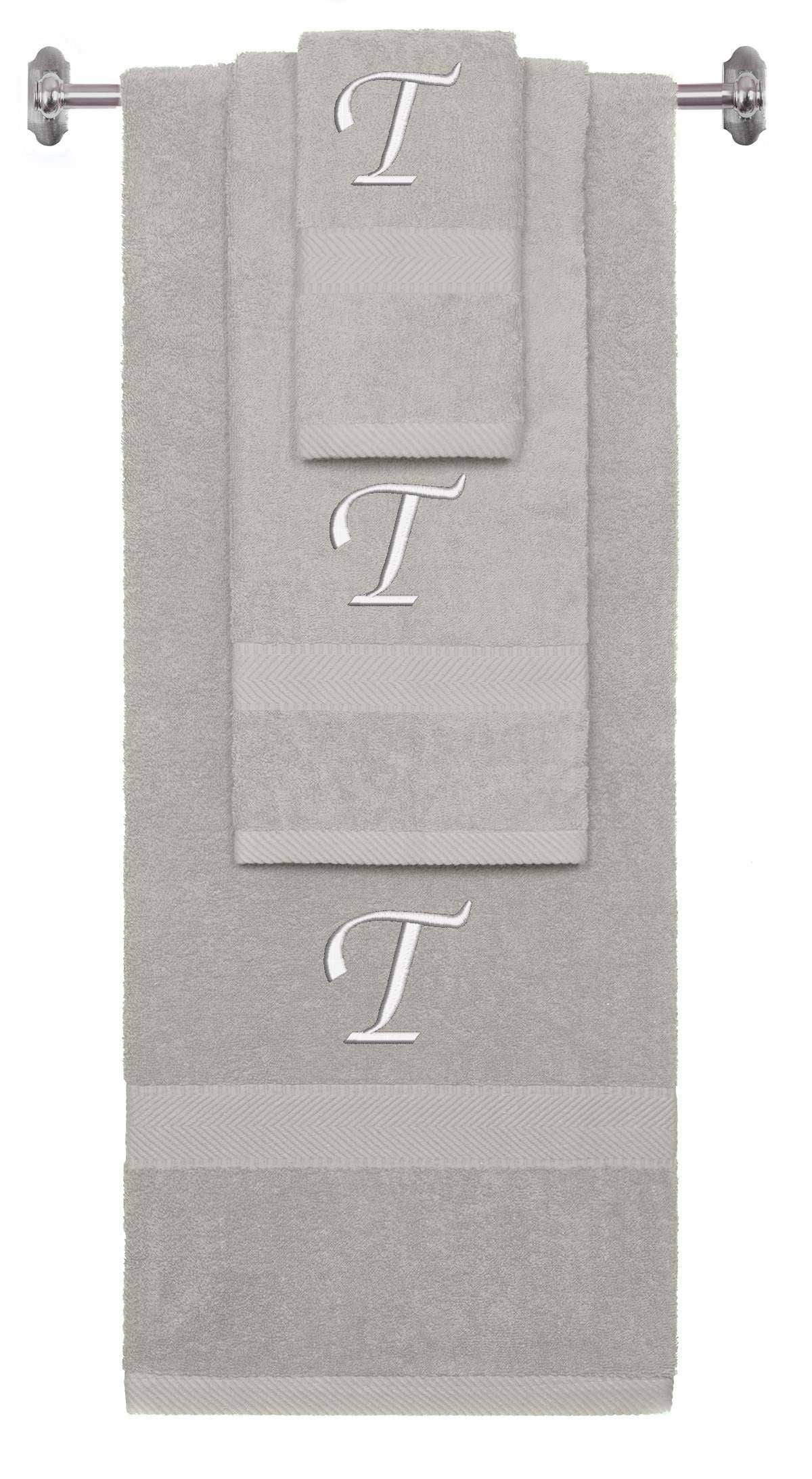 Silver monogrammed towel set with White thread, Chancery font, initial T - 540 GSM cotton 3-piece