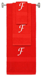 Red monogrammed towel set with White thread, Chancery font, initial F - 540 GSM cotton 3-piece