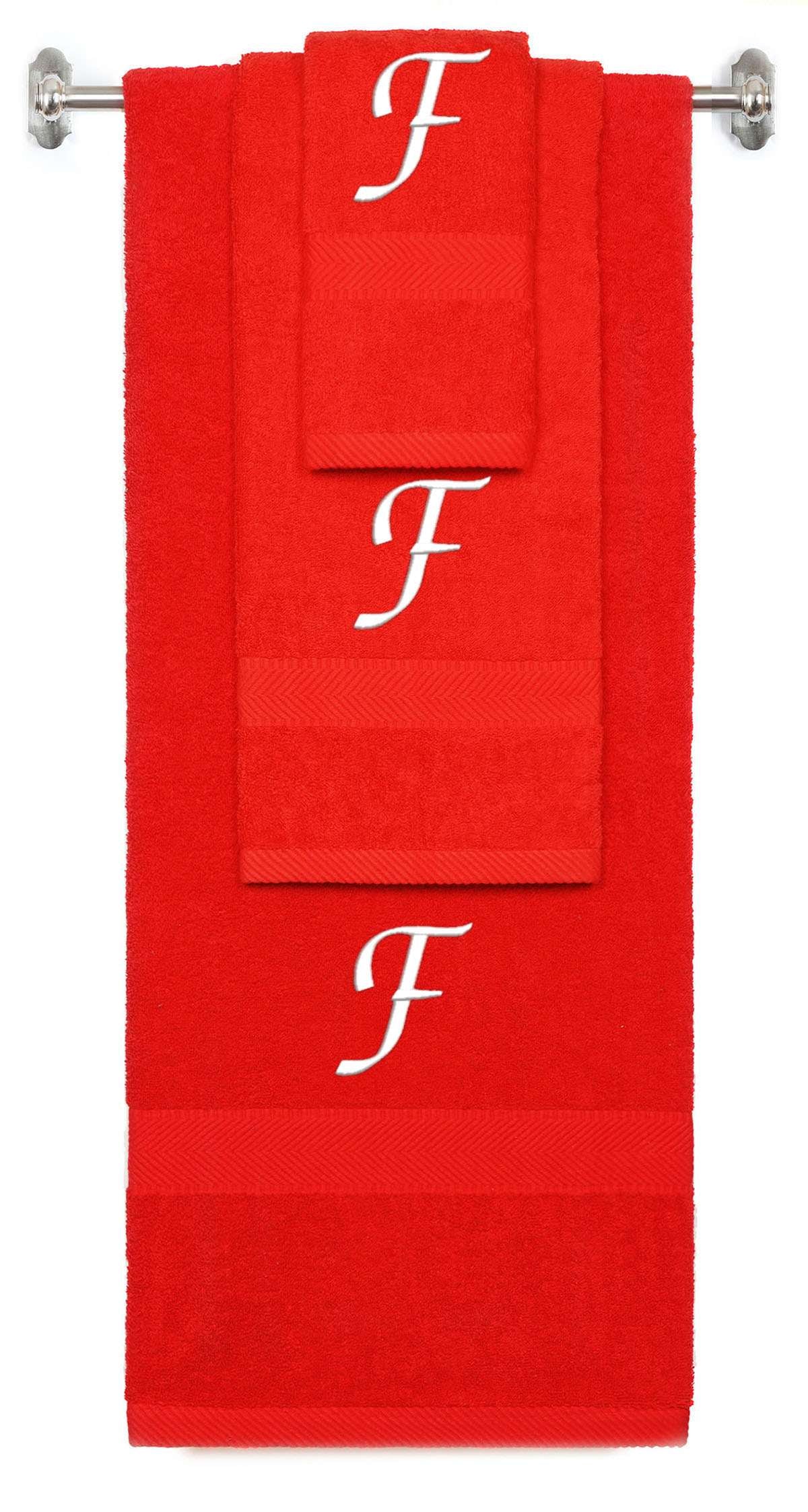 Red monogrammed towel set with White thread, Chancery font, initial F - 540 GSM cotton 3-piece