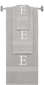 Silver monogrammed towel set with White thread, Times New Roman font, initial E - 540 GSM cotton 3-piece